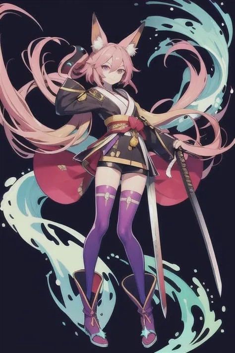 official art, unity 8k wallpaper, ultra detailed, beautiful and aesthetic, High quality, beautiful, masterpiece, best quality, (zentangle, mandala, tangle, entangle:0.6), 1girl, weapon, solo, sword, animal ears, pink hair, long hair, purple eyes, fox ears, holding, holding weapon, holding sword, thighhighs, katana, looking at viewer, bangs, boots, closed mouth, hair between eyes, full body,tokyo city, gloves,white thighhighs, shadow, smile, glowing weapon, blue footwear, water splash, wind swept, glitter,ultra sharp