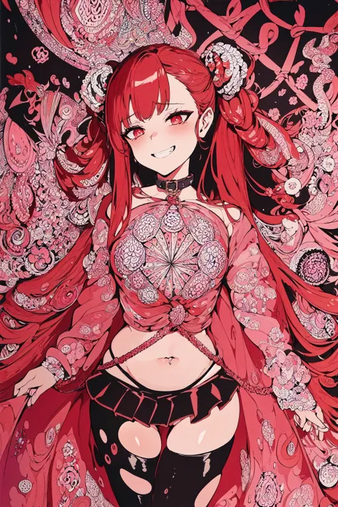 small breasts, red hair , curly hair , yellow eyes , red trench coat , red trims , red extensions , red roses , red bowtie , red choker necklace , eye symbol, black leggings ,  red horns , succubus , demon girl , wet , wet clothes, seductive , aroused, vampire teeth , black cape , full-face blush, sexy, voluptuous, plump, cute , kawaii , black skirt , human fingers , midriff, midriff peek , ahegao, lewd , nsfw , pink stick , magenta horns , navefl , navel cut , crop top , ,pearshape body , medium hair , bangs , wet , wet clothes , seductive , aroused, vampire teeth , black cape , full-face blush, cave background , pink background , tentacles , slime , tail , succubus tail , succubus wings ,cave background , slime , tentacle , tied up in tentacles , twintails, black top , black panties , short skirt , black breast curtains ,  black shirt, 
(zentangle, mandala, tangle, entangle:1.6)
lesbian succubus by charlie bowater and titian,portrait painting of an asura from konosuba with a very beautiful face wearing intricate standing in water in cave surrounded by tentacles and slime. symmetry fantasy style art!! high detail hd 8k resolution trending pinterest dramatic light painted dark gloomy background contrast pastel colors no cropok night sky concept sketch 3-point lighting
(illustration:1.3),(extremely detailed:1.3),(highly detailed:1.2),(best quality:1.2),(masterpiece:1.2),(extremely detailed 8K wallpaper:1.2),(highres:1.3),(semi-realistic:1.1),(portraits:1.3),(anime:1.1),(cowboy shot:1.3), ,(1girl:1.4),(solo:1.4),(perfect female body:1.3),(perfect anatomy:1.3),(half-closed eyes:1.5),(no pupils:1.3),(empty eyes:1.3),(twintails:1.2),tri tails,(red hair:1.3),(wide hips:1.1),(thick thighs:1.1),(thigh gap:1.2),big butt,fat mons,(glowing pubic tattoo:1.3),(hair ornament:1.1),headdress,(collar:1.2),(evil smile:1.3),grin,boots, ,(standing:1.3),(looking at viewer:1.4),(arms at sides:1.2),red gem,(corruption:1.4),(combatant:1.4) , (showgirl skirt:1.2) ,