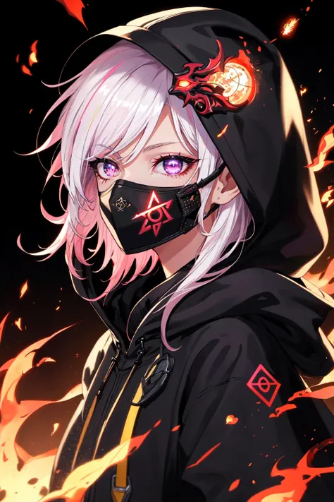 1girl, bangs, glowing eyes, runes, embers, sparks , gloves, glowing, hood, hood up, looking at viewer, mask, mouth mask, pink eyes, portrait, purple eyes, solo, white hair