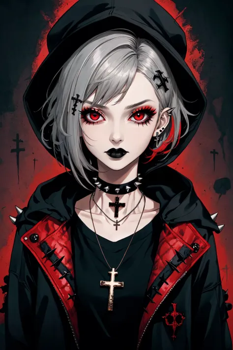 1girl, black choker,  gothic, zombie vibes, black lips, choker, collar, cross, cross necklace, grey hair, hair ornament, hairclip, hat, hood, inverted cross, jacket, jewelry, lipstick, looking at viewer, makeup, medium hair, necklace, red eyes, shirt, short hair, solo, spiked collar, spikes, upper body, glowing, horror theme, liminal