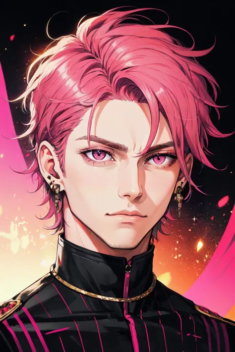 Psychogenic Dream Style, 1boy, closed mouth, earrings, jewelry, male focus, pink eyes, pink hair, portrait, solo