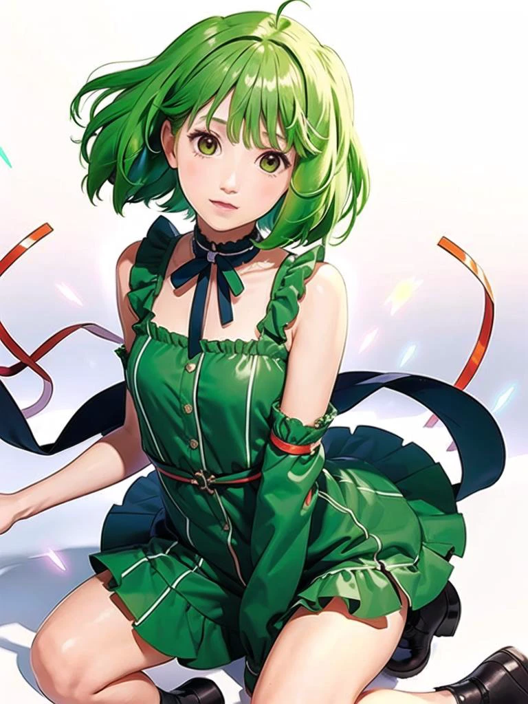 1girl, solo,(best quality),(masterpiece:1.1), full body, looking_at_viewer, dynamic angle, green hair, neck_ribbon, cute, clear facial skin,