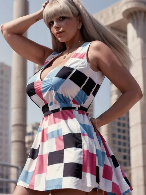 CS, portrait , long straight hair, big breast, Stylish 1960s mod mini dress with geometric patterns, bold colors, and a-line silhouette, photography, trending on artstation, sharp focus, intricate details, by greg rutkowski <lora:CS:0.8>