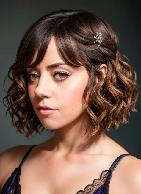 closeup portrait of skswoman, anxious , wearing evening gown , with chocolate French bob , background hen house epic (photo, studio lighting, hard light, sony a7, 50 mm, matte skin, pores, colors, hyperdetailed, hyperrealistic), <lyco:Aubrey Plaza:1.1>