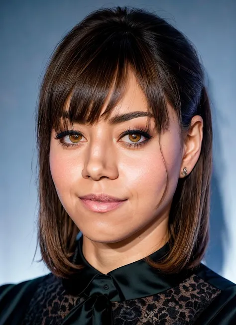 portrait of skswoman, :d , wearing formal wear , with brown Wispy bangs , background night sky epic (photo, studio lighting, hard light, sony a7, 50 mm, matte skin, pores, colors, hyperdetailed, hyperrealistic), <lyco:Aubrey Plaza:1.1>