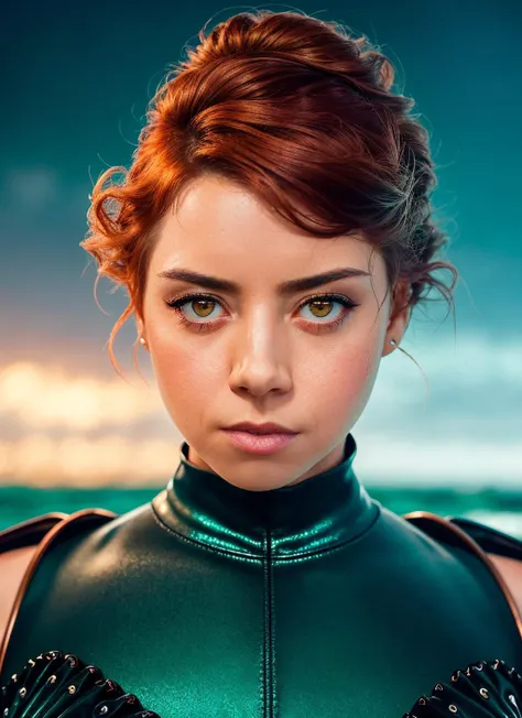closeup portrait of skswoman, disgust , wearing cocktail dress , with copper Half-up, half-down hairstyle , background ocean epic (photo, studio lighting, hard light, sony a7, 50 mm, matte skin, pores, colors, hyperdetailed, hyperrealistic), <lyco:Aubrey Plaza:1.1>