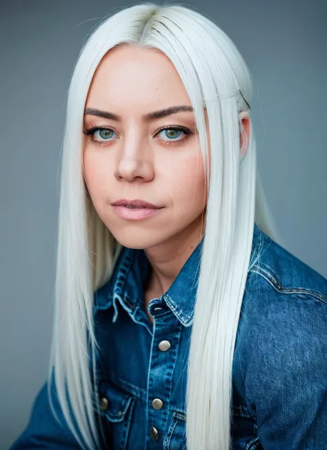 closeup portrait of skswoman, crazy , wearing jeans , with white Straight hair , background mountain epic (photo, studio lighting, hard light, sony a7, 50 mm, matte skin, pores, colors, hyperdetailed, hyperrealistic), <lyco:Aubrey Plaza:1.1>
