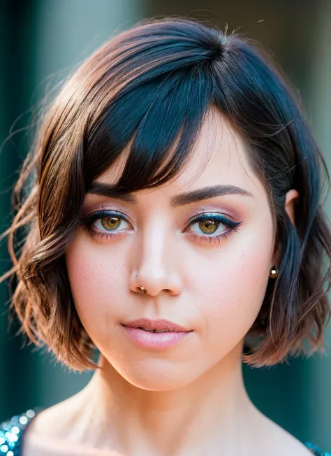 closeup portrait of skswoman, naughty_face , wearing sequined , with ash brown Lob (long bob) , background jewish temple epic (photo, studio lighting, hard light, sony a7, 50 mm, matte skin, pores, colors, hyperdetailed, hyperrealistic), <lyco:Aubrey Plaza:1.1>