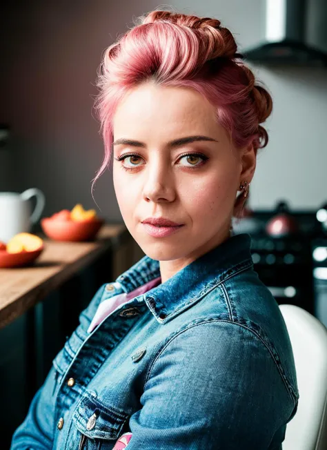 portrait of skswoman, naughty_face , wearing jeans , with pink Updo , background kitchen epic (photo, studio lighting, hard light, sony a7, 50 mm, matte skin, pores, colors, hyperdetailed, hyperrealistic), <lyco:Aubrey Plaza:1.1>
