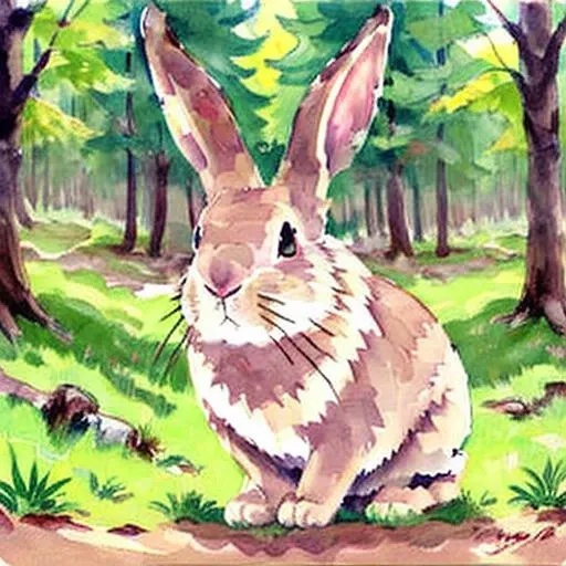 <lora:Colorwater_v1> a rabbit in a forrest