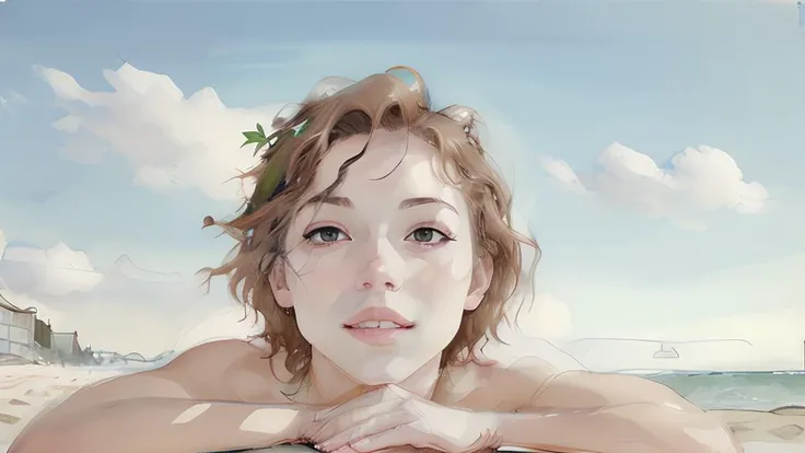 <lora:Colorwater_v1:1.0> a beautiful young slim woman laying on a beach, watching the clouds, (beautiful face:1.4), (best quality), (masterpiece:1.1)