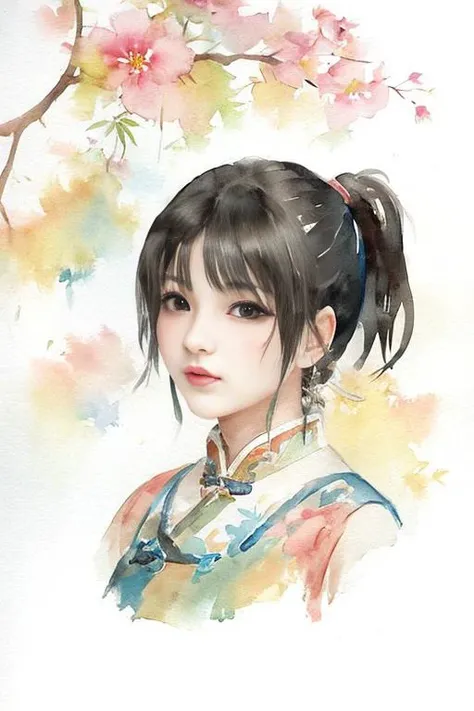 (upper body: 1.5),(white background:1.4), ((tachi-e)), original,(illustration:1.1),(best quality),(masterpiece:1.1),(extremely detailed CG unity 8k wallpaper:1.1), (colorful:0.9),(panorama shot:1.4),(full body:1.05),(solo:1.2), (ink splashing),(color splashing),((watercolor)), clear sharp focus,{ 1girl standing },((chinese style )),flower background,outdoors,rocks, looking at viewer, make happy expressions,soft smile,pure,beautyfull detailed face and eyes,beautyfull intricacy clothing decorative pattern details, black hair,black eyes,colorwater <lora:Colorwater_v1:1>
