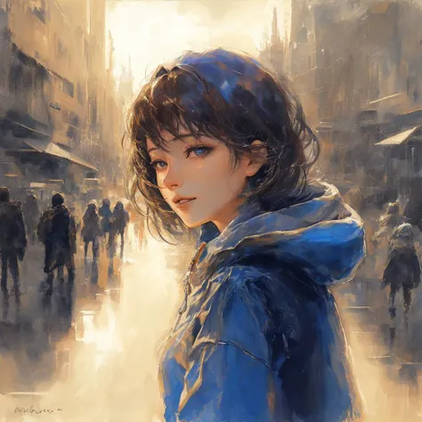 (best quality,masterpeace),(colorful), beautiful eyes,beautiful face,  model shot,  (head held up to the sky:1.1),
(1girl),wear old hoodie,ash colored hair, disheveled short haircut , cute smile,  simple background, 
,cinematic lighting,(dark theme:1.3),  <lora:Colorwater_v4:0.5> ,<lora:graphicNovelStyle_v10:0.6>