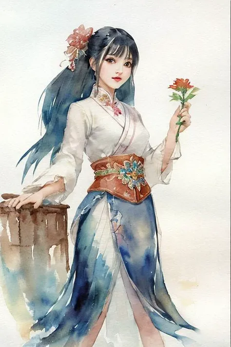 (upper body: 1.5),(white background:1.4), ((tachi-e)), original,(illustration:1.1),(best quality),(masterpiece:1.1),(extremely detailed CG unity 8k wallpaper:1.1), (colorful:0.9),(panorama shot:1.4),(full body:1.05),(solo:1.2), (ink splashing),(color splashing),((watercolor)), clear sharp focus,{ 1girl standing },((chinese style )),flower background,outdoors,rocks, looking at viewer, make happy expressions,soft smile,pure,beautyfull detailed face and eyes,beautyfull intricacy clothing decorative pattern details, black hair,black eyes,colorwater <lora:Colorwater_v1:1>