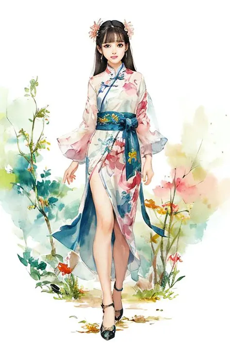 (upper body: 1.5),(white background:1.4), ((tachi-e)), original,(illustration:1.1),(best quality),(masterpiece:1.1),(extremely detailed CG unity 8k wallpaper:1.1), (colorful:0.9),(panorama shot:1.4),(full body:1.05),(solo:1.2), (ink splashing),(color splashing),((watercolor)), clear sharp focus,{ 1girl standing },((chinese style )),flower background,outdoors,rocks, looking at viewer, make happy expressions,soft smile,pure,beautyfull detailed face and eyes,beautyfull intricacy clothing decorative pattern details, black hair,black eyes,colorwater <lora:Colorwater_v1:1>
