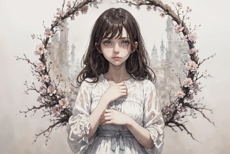 masterpiece, best quality, portrait of a sad ana de armas, hand up, brunette, delicate flowers, soft pastel colors, eerie, dark, depressed, sensual, <lora:Colorwater_v4:0.6>,