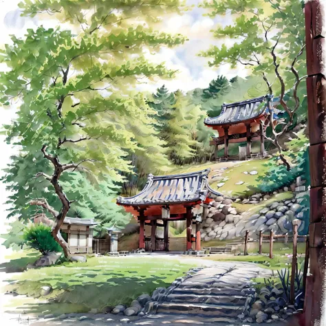 8k uhd, high detail, (abandoned japanese red gate shrine in the middle of forest:1.2), mystery, cinematic, color water, painting <lora:try2:1>