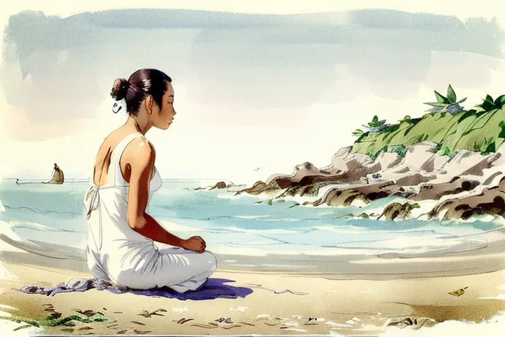 <lora:Colorwater_v1> a young beautiful woman sitting in zen on a beach