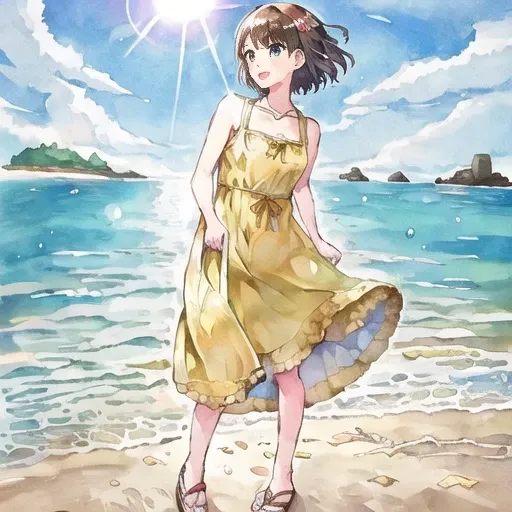 1girl, short hair, yellow dress, beach, sunshine,