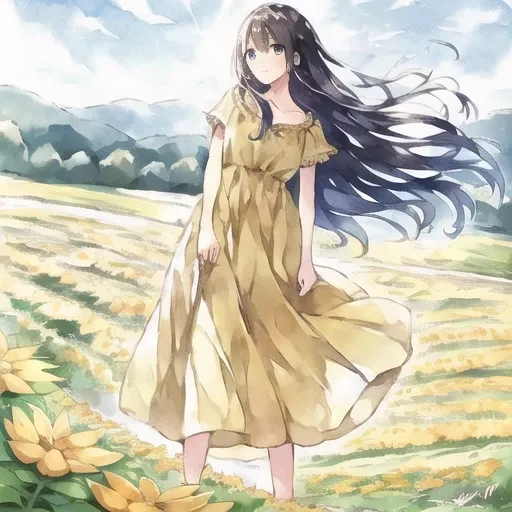 1girl, long hair, yellow dress, sunshine, flower field,