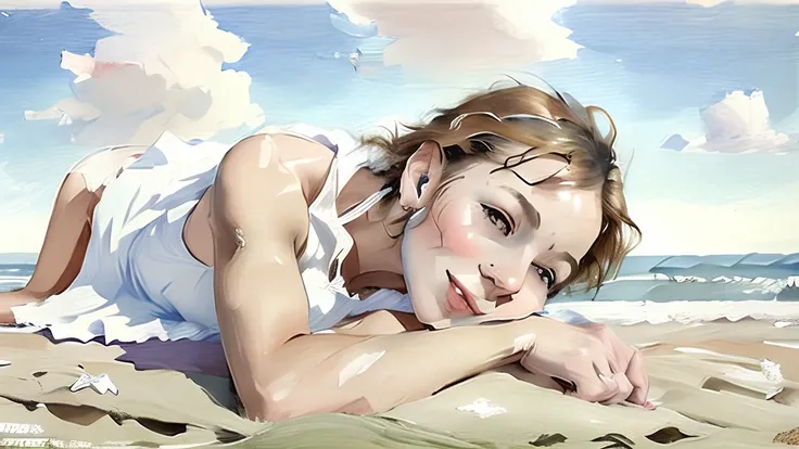 <lora:Colorwater_v1:1.0> a beautiful young slim woman laying on a beach, watching the clouds, white dress, (beautiful face:1.4), (best quality), (masterpiece:1.1)