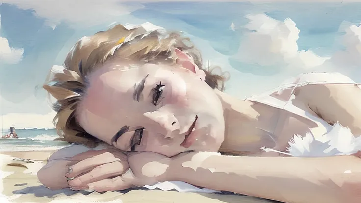 <lora:Colorwater_v1:1.0> a beautiful young slim woman laying on a beach, watching the clouds, white dress, (beautiful face:1.4), (best quality), (masterpiece:1.1)