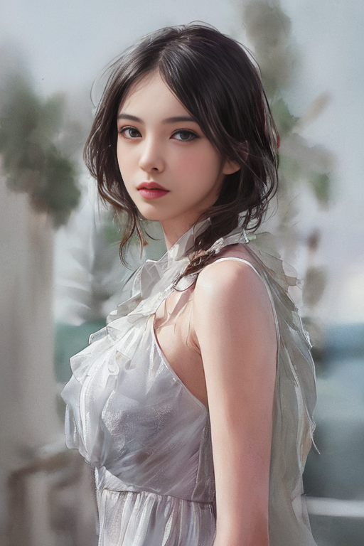 A close up of a woman in a white dress standing near a building - SeaArt AI