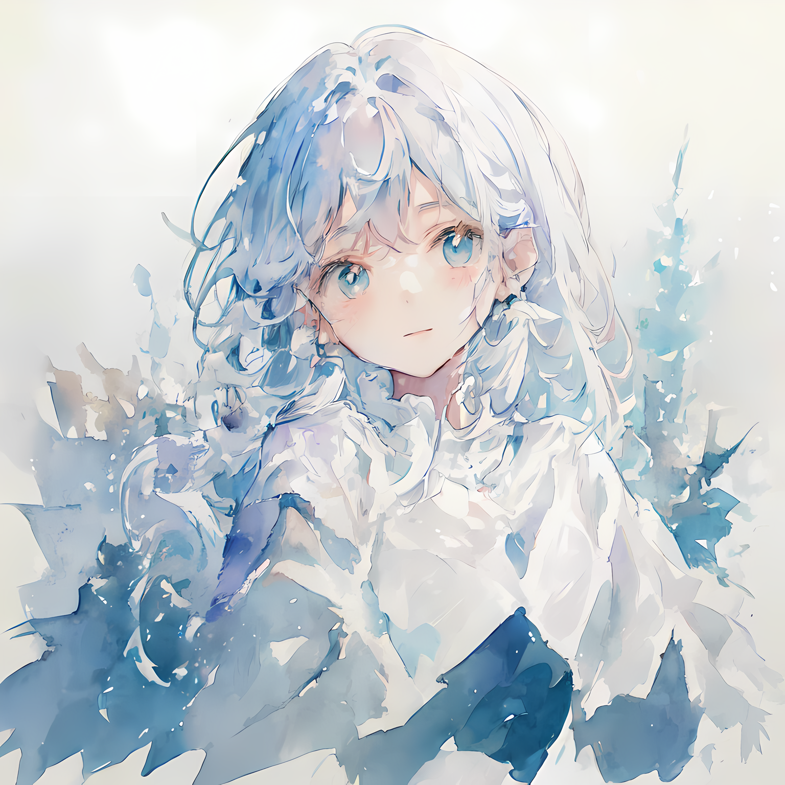 Anime girl with white hair and blue eyes in a white dress - SeaArt AI