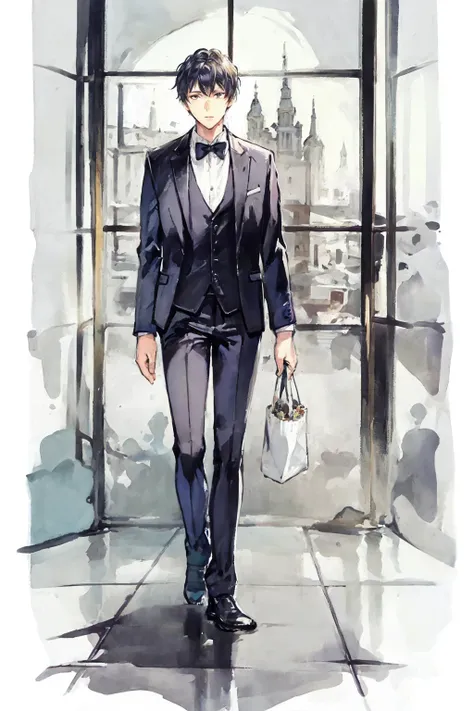 (white background:1.4), original,(illustration:1.1),(best quality),(masterpiece:1.1), (colorful:0.9),(medium shot:1.4),(full body:1.05),(solo:1.2), clear sharp focus,(book shelf),indoors, looking at viewer,young man in suit,((handsome)), handsom face,brown hair,black eyes