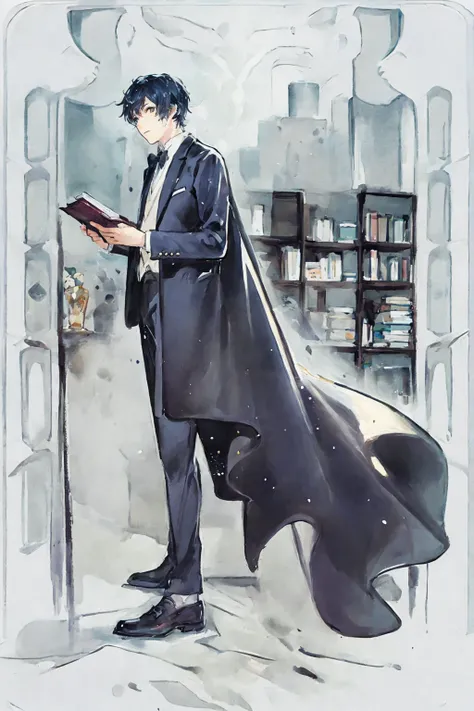 (white background:1.4), original,(illustration:1.1),(best quality),(masterpiece:1.1), (colorful:0.9),(medium shot:1.4),(full body:1.05),(solo:1.2), clear sharp focus,(book shelf),indoors, looking at viewer,young man in suit,((handsome)), handsom face,brown hair,black eyes