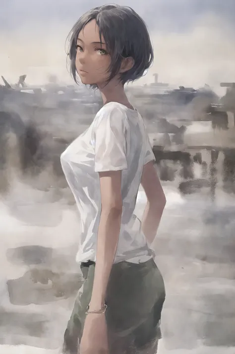 (masterpiece, realistic:1.4), (extremely intricate:1.2), close shot, portrait, (dark skin:1.2), tank top, open clothes, short hair, breasts, sky, starry sky, looking at viewer, italian, head tilt, wind, (night), (night sky), outdoor, desert, 1girl, solo, cinematic light, ultra high res, 8k uhd, film grain, perfect anatomy, exquisitely detailed skin, best shadow, dark, delicate, RAW, highres, clean lines, <lora:Colorwaterv4:0.85>
