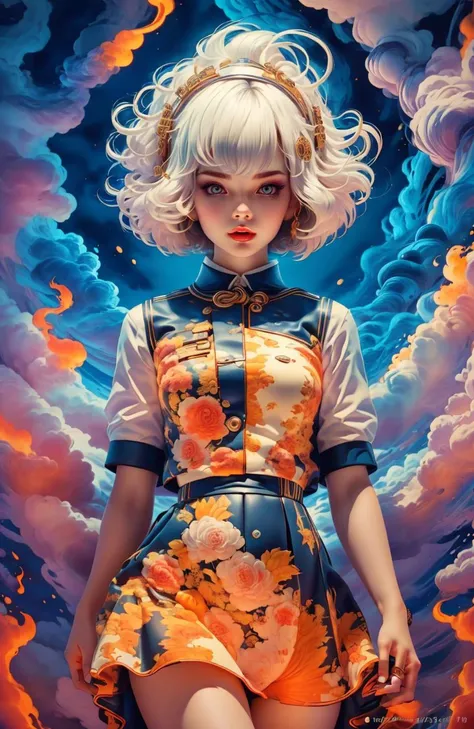 best quality, 8K ,((((dramatic))), hyper detailed ,cover magazine featuring a realistic sexy girl with, a pretty face, white hair, (bob long haircut style), purple eyes,(((sexy school uniform)))