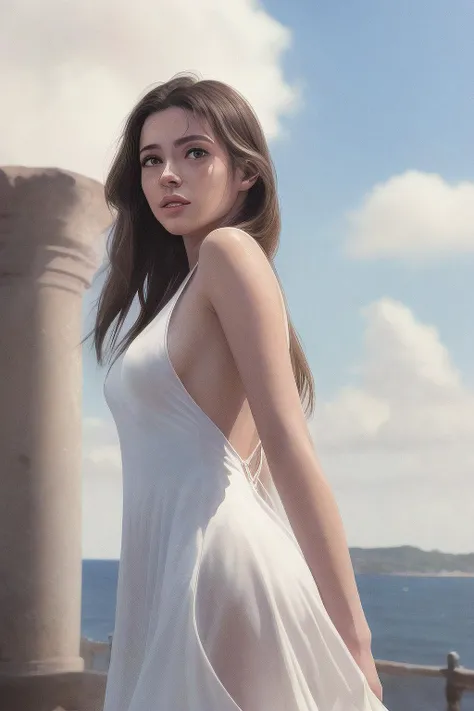 (masterpiece, realistic:1.4), (extremely intricate:1.2)>, close shot , portrait,(upper body:1.2), (from front:1.3), 191971 dress, backless dress, (long dress:1.2), very long hair, breasts, bare shoulders, sky, ocean, water, looking at viewer, italian, head tilt, wind, cloud, sunlight, outdoor, 1girl, solo, BREAK, cinematic light, ultra high res, 8k uhd, film grain, perfect anatomy, exquisitely detailed skin, best shadow, delicate, RAW,highres, <lora:Colorwater_v4:0.6>