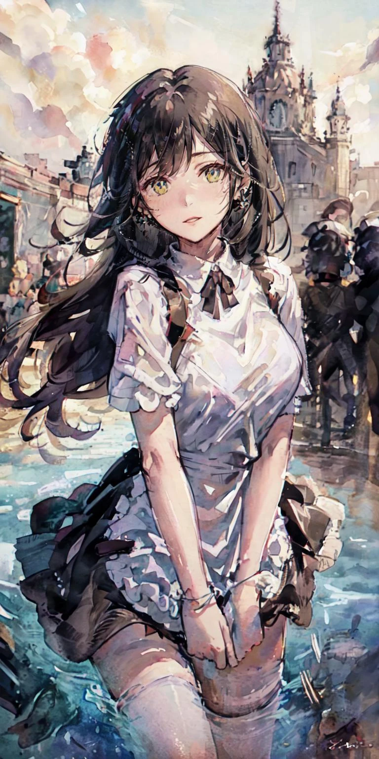 masterpiece:1.3, concept art, illustration, mature females, 29 years old, perfect face, sad teeth smile, sad face, detailed eyes, detailed face, huge breasts, beautiful skin, ((red eyes)), expressive eyes, brunette, ribbon in hair, earrings, maid dress, silk dress, dramatic face, rim lighting, dutch angle, pixiv, water background