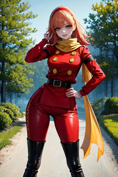 highly insanely detailed, masterpiece, top quality, best quality, highres, 4k, 8k, RAW photo, (very aesthetic, beautiful and aesthetic), 1girl, solo, FrancoiseArnoul, red hairband, yellow scarf, red uniform, long sleeves, belt, red pants, black boots, outdoors, standing, hands on hips, smile, <lora:CHAR-FrancoiseArnoul:1>âââ