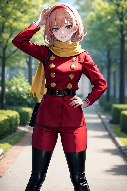 highly insanely detailed, masterpiece, top quality, best quality, highres, 4k, 8k, RAW photo, (very aesthetic, beautiful and aesthetic), 1girl, solo, FrancoiseArnoul, red hairband, yellow scarf, red uniform, long sleeves, belt, red pants, black boots, outdoors, standing, hands on hips, smile, <lora:CHAR-FrancoiseArnoul:0.8>âââ