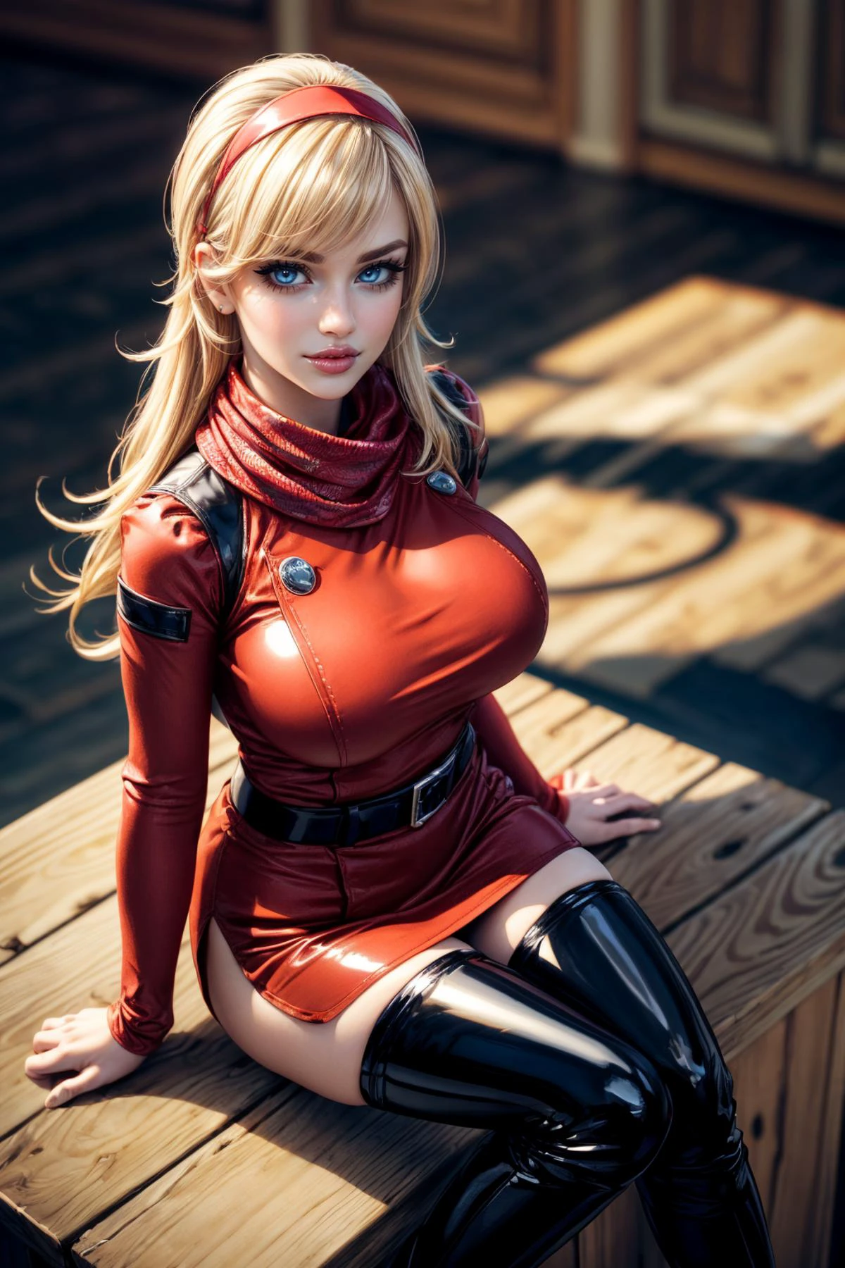 (ultra realistic,32k, masterpiece:1.2),(high detailed skin:1.1),( high quality:1.1),
<lora:FrancoiseArnoul:0.8>(smile , v-shaped eyebrows:1.1),(eyeliner,long lashes, mascara:1.15),FrancoiseArnoul, blonde hair, medium hair, red hairband, blue eyes, FrancoiseArnoul, blonde hair, medium hair, (shiny glossy clothing:1.1),red hairband, yellow scarf, red uniform, long sleeves, belt, red pants, thighhigh boots,, (blurry background:1.2),,(looking at viewer, sitting, from above:1.1),, (huge breast,large breast:1.1),<lora:add_detail:0.96>,(full body:1.1),
(beautifully lit:1.1),