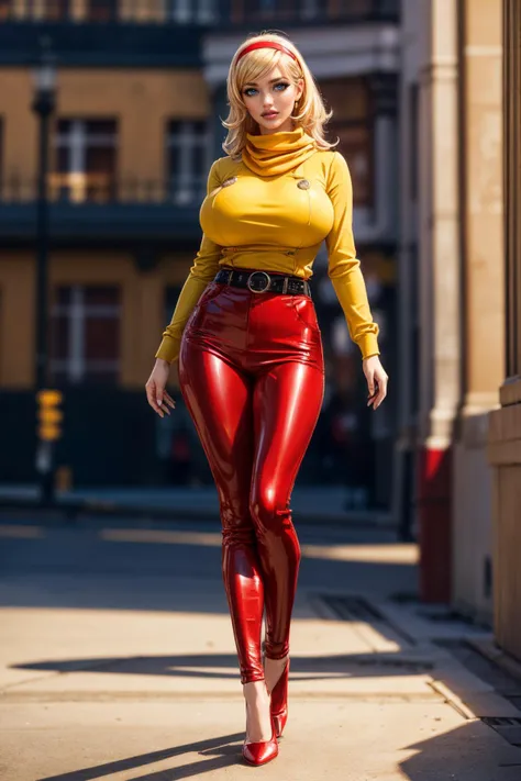 (ultra realistic,32k, masterpiece:1.2),(high detailed skin:1.1),( high quality:1.1),
<lora:FrancoiseArnoul:0.8>(smile , v-shaped eyebrows:1.1),(eyeliner,long lashes, mascara:1.15),FrancoiseArnoul, blonde hair, medium hair, red hairband, blue eyes, FrancoiseArnoul, blonde hair, medium hair, (shiny glossy clothing:1.1),red hairband, yellow scarf, red uniform, long sleeves, belt, red pants, pantyhose, high heels,, (blurry background:1.2),,(looking at viewer, standing:1.1),, (huge breast,large breast:1.1),<lora:add_detail:0.75>,(full body:1.1),
(dense light rays:1.1),