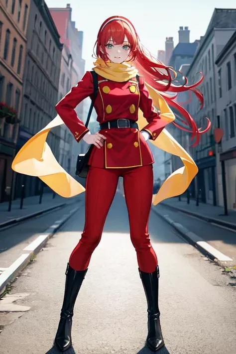 highly insanely detailed, masterpiece, top quality, best quality, highres, 4k, 8k, RAW photo, (very aesthetic, beautiful and aesthetic), 1girl, solo, FrancoiseArnoul, red hairband, yellow scarf, red uniform, long sleeves, belt, red pants, black boots, outdoors, standing, hands on hips, smile, <lora:CHAR-FrancoiseArnoul:1>âââ