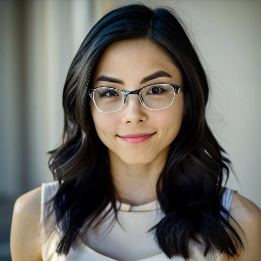 annaakana, smiling, solo, looking stunningly gorgeous, detailed eyes, detailed lips, long black hair, glasses, perfect anatomy, 8k, award-winning photography, realistic, straight shot, <lora:AnnaAkana:1>