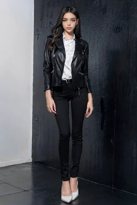 masterpiece, best quality,
1girl, dark background, black jacket, black shirt, collared shirt, grey eyes,leather jacket, lips, long hair, looking at viewer, makeup, realistic, red lips, shirt, solo, standing, full body