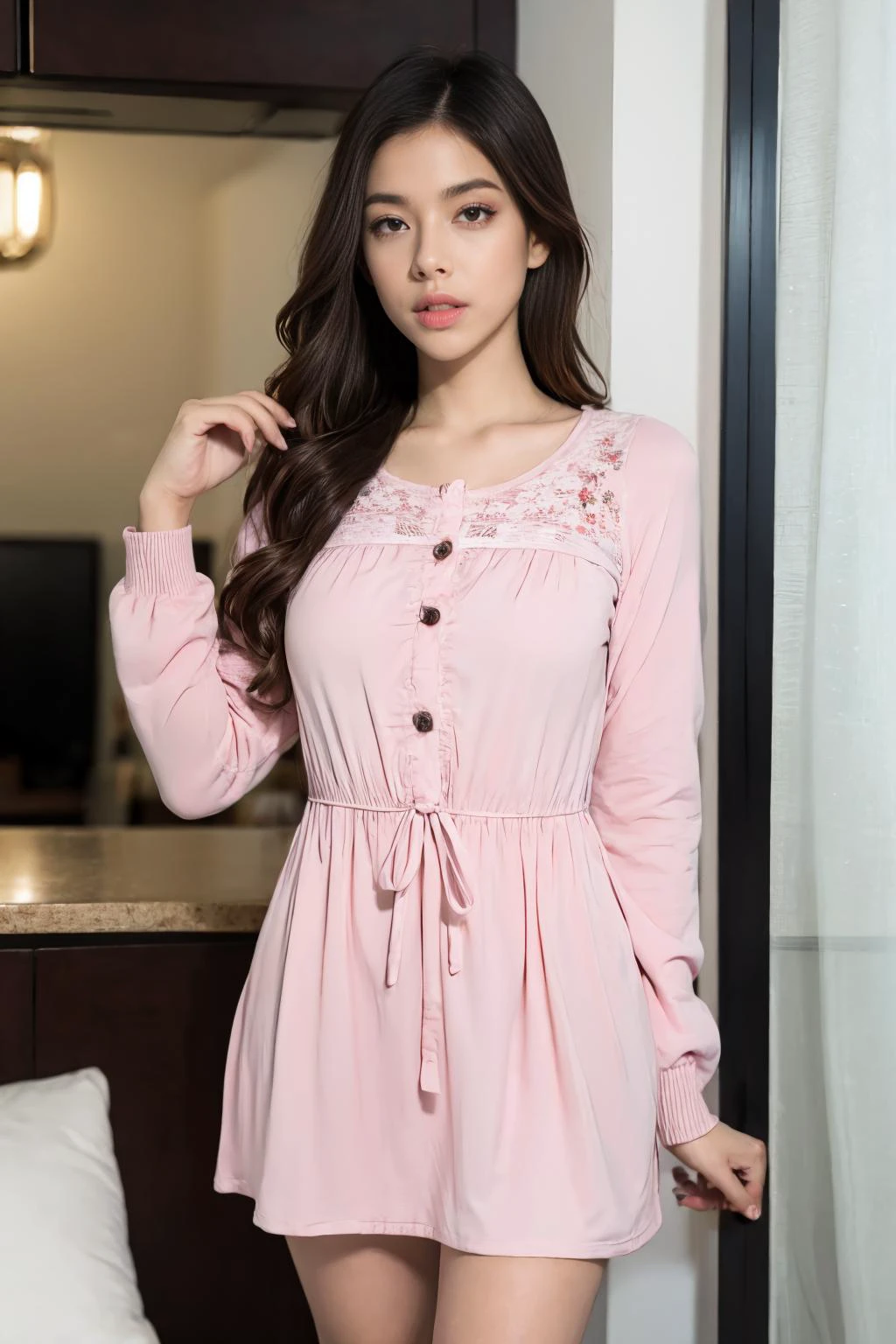 (masterpiece, best quality, hires, high resolution:1.2), extremely detailed, intricate details, highres, 25yo woman, t-shirt dress, long sleeves,