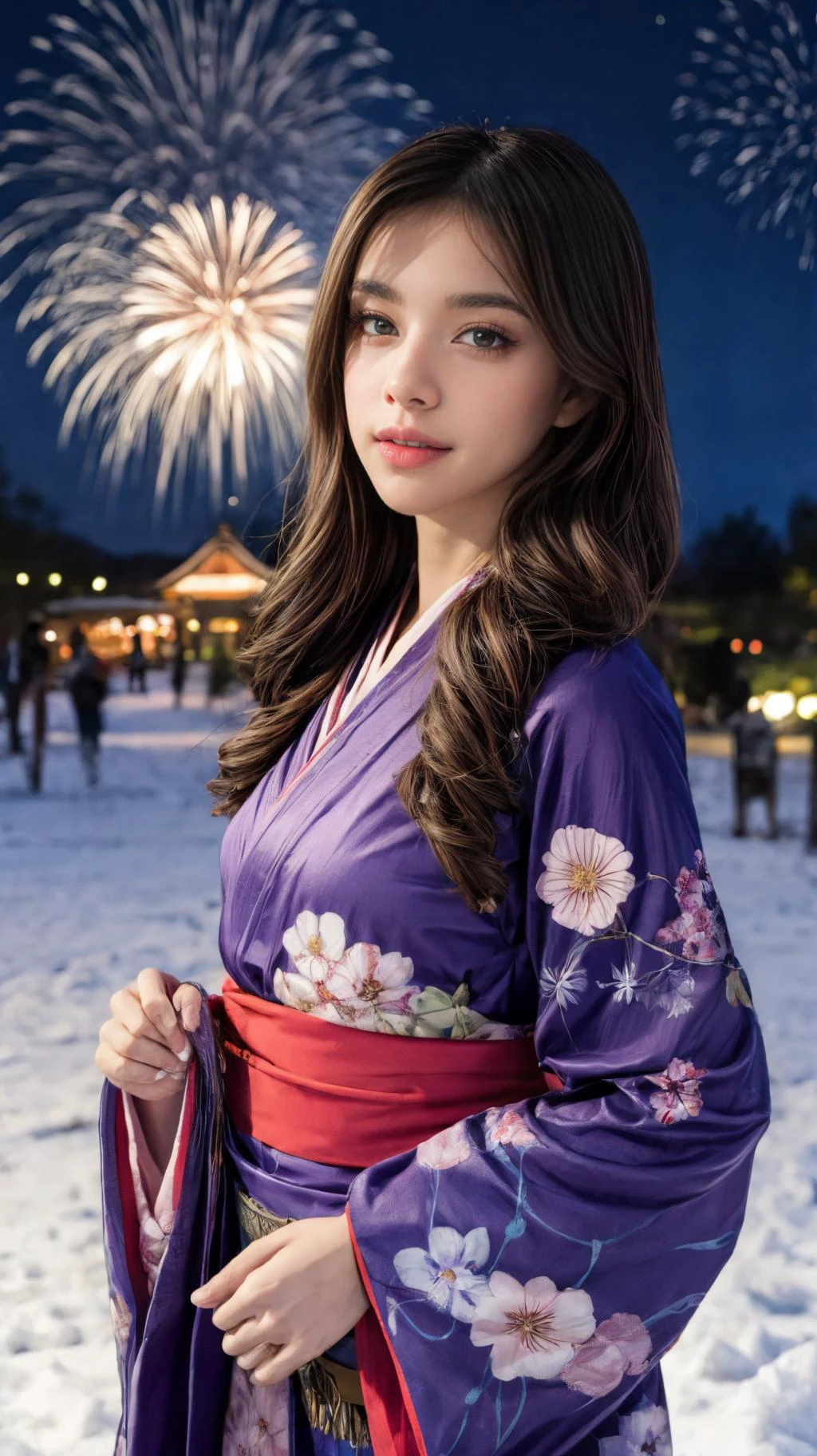 (((best quality,masterpiece))),
1girl, (beautiful detailed face, beautiful detailed eyes), (a beautiful girl,(flower pattern) kimono),(anime style),(Snow cover,night_sky ,fireworks,Matsuri, nature view),EpicSky,cloud,brown hair,brown eyes
<lora:add_detail:1>
