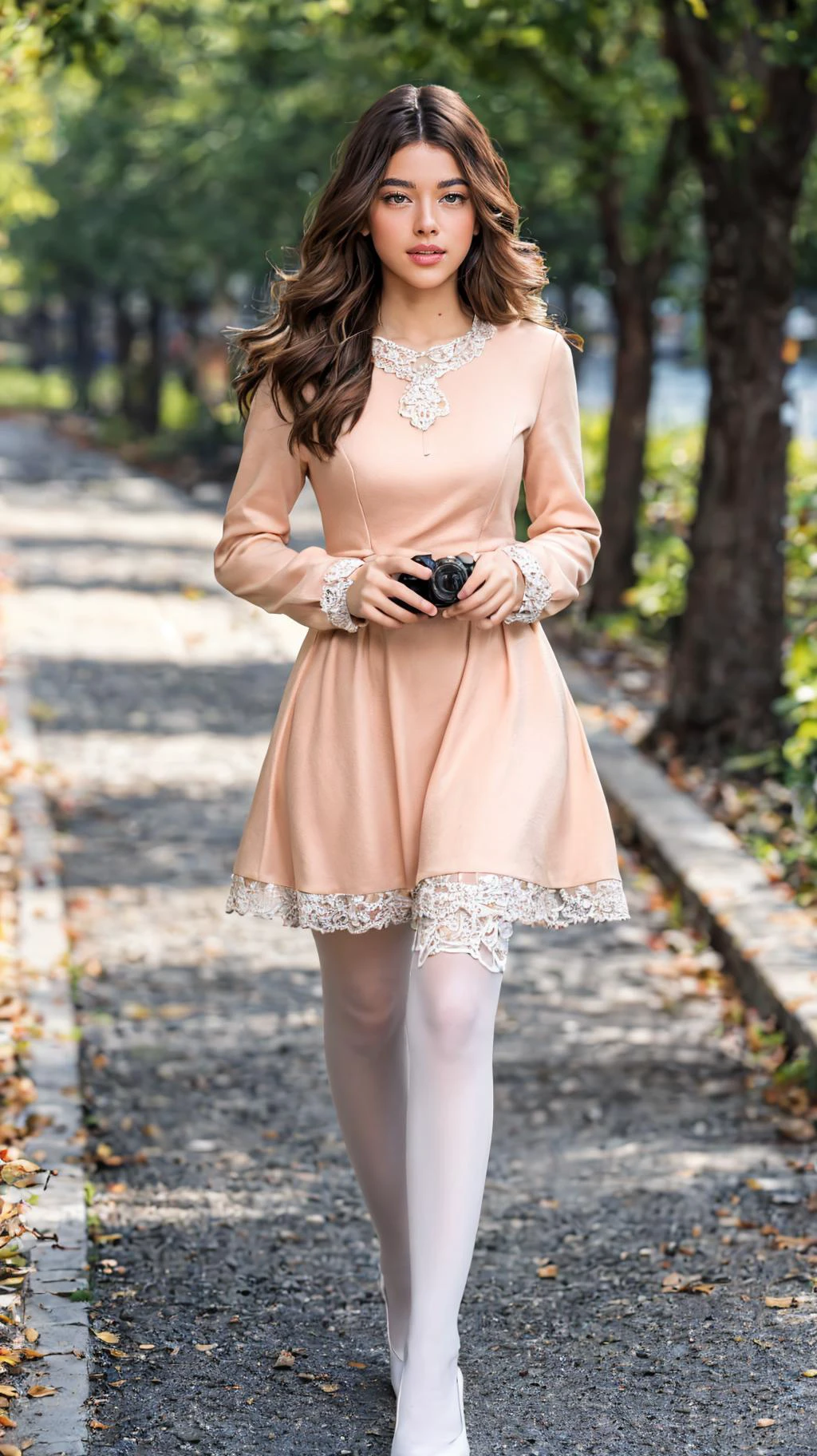 (masterpiece, realistic, best quality, ultra detailed), intricate, professional photography, HDR, High Dynamic Range, (8k UHD), RAW photo, dslr, realistic LUT, cinematic LUT, perfect lighting, professional lighting, cinematic lighting, cinematic shadows, iridescent lighting, Stunning, young, woman, Long hair, Bouffan hair, Afro taper fade, Brown hair, Round eyes, Hazel eyes, Parted lips, Peach lips, Natural makeup, Confident, Fit body, Standing, wearing (european style dress:1.3), long sleeves,white legwear,brown shoes