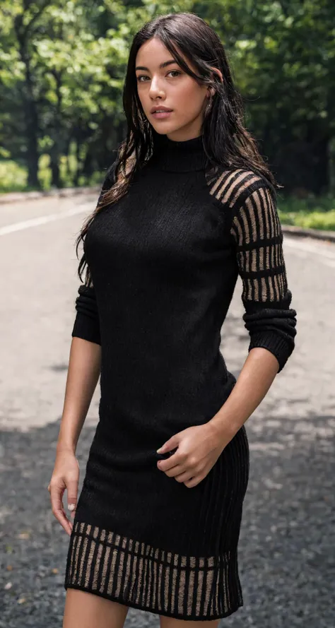 masterpiece, Best quality, masterpiece, ultra high res, (photorealistic:1.4), raw photo, 1girl, wearing black knit dress,