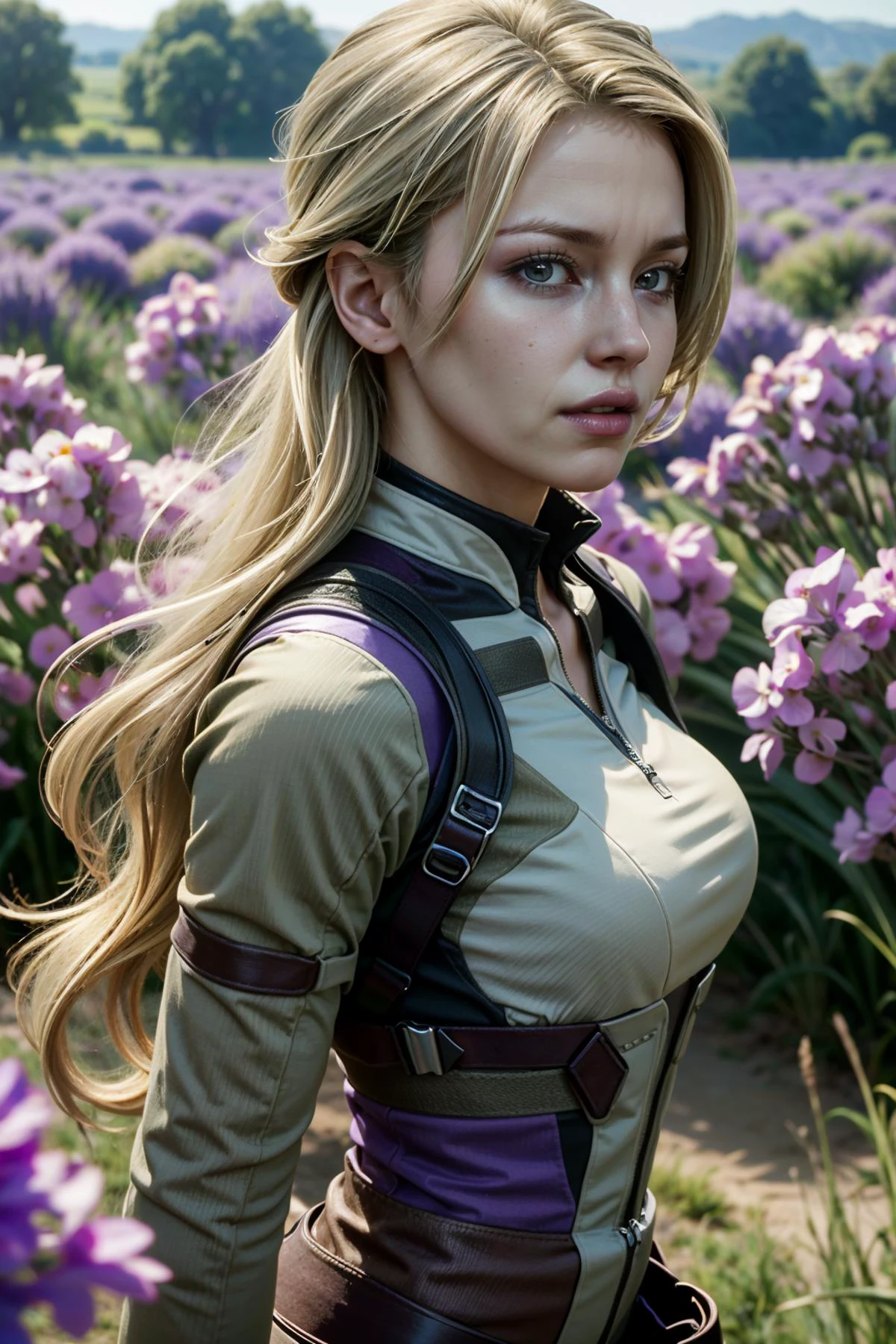 ((ultra detailed, masterpiece, absurdres))
<lora:MKCassie:0.8>
MKCassie, 1girl, looking at viewer, long hair, blonde hair, lavender field, midday, bright and vibrant with a sea of purple blooms