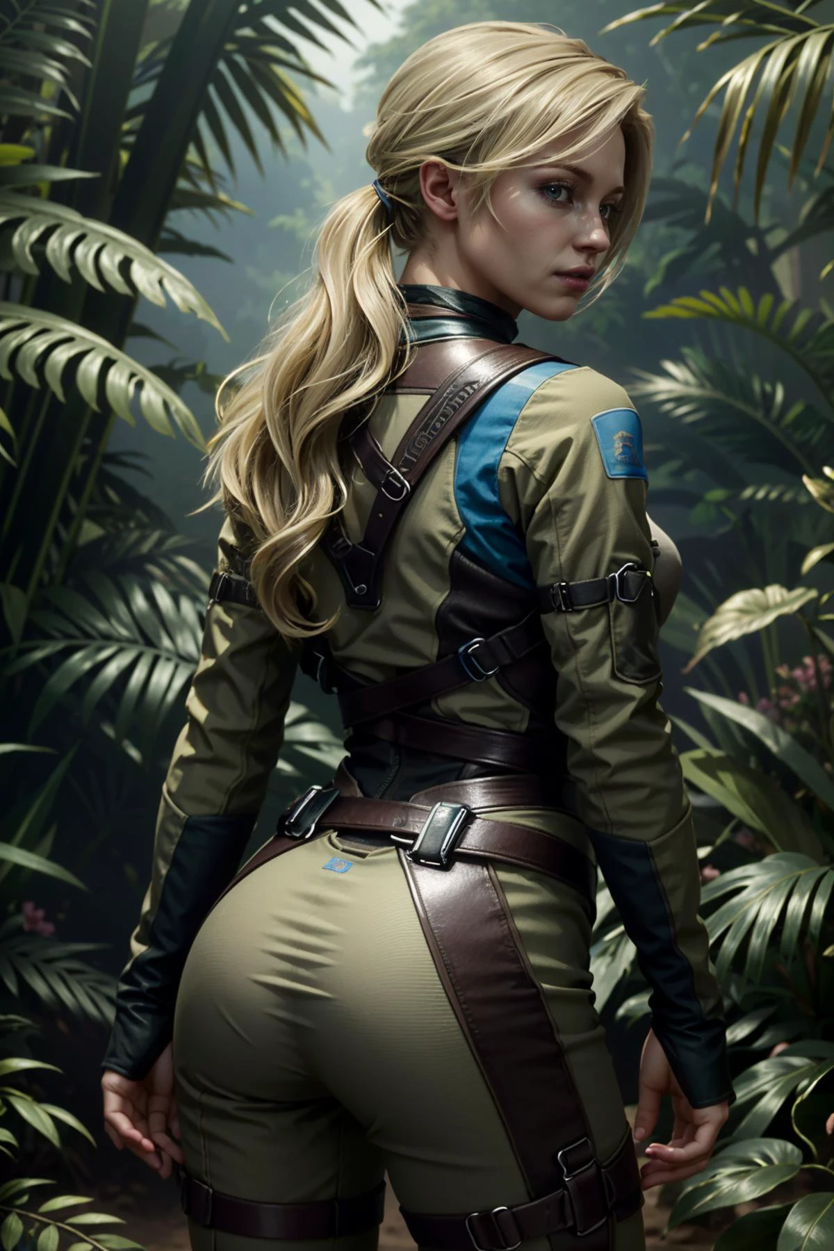 ((ultra detailed, masterpiece, absurdres))
<lora:MKCassie:0.8>
MKCassie, 1girl, looking at viewer, long hair, blonde hair, in a lush jungle with vibrant flowers, from behind, looking back