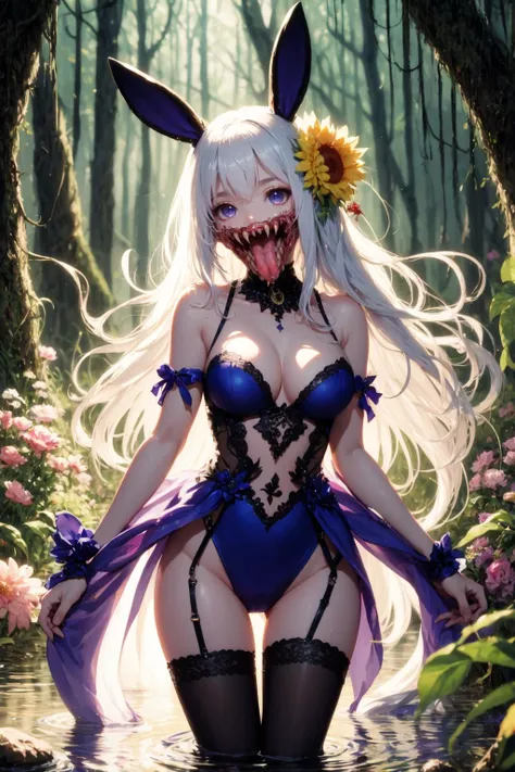 flowers_girl, flower, hair flower, red eyes, (rolling eyes:1.4), breasts, long hair, hair ornament, solo, tongue, teeth, looking at viewer, pink flower, nature, red flower, sharp teeth, cleavage, plant, outdoors, tree, saliva, forest, tongue out, open mouth,  hair between eyes, bug, brown hair, bangs, water, petals, horror \(theme\),` bare shoulders, dress, wavy hair, leaf, rose, long tongue, monster girl, grass, extra mouth, butterfly, blood, guro,
colourful_girl, long hair, solo, white hair, looking at viewer, animal ears, rabbit ears, bare shoulders, very long hair, pantyhose, purple eyes, gloves, leotard, navel, flower, clothing cutout, hair ornament, bangs, ass visible through thighs, center opening, blue leotard, navel cutout, hair flower, mask, black pantyhose, floating hair, black gloves, fake animal ears, thighs,  standing, arm strap, thigh strap, playboy bunny
 <lora:kim_é£äººè±_v1:0.85>