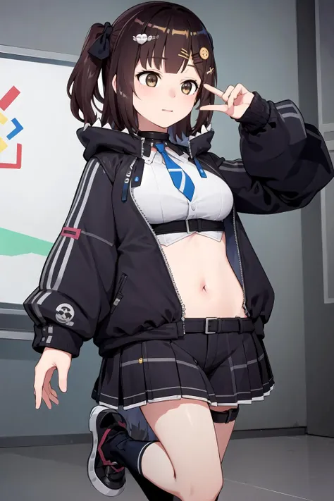 (masterpiece, best quality), 1girl, solo,
<lora:nanamiVR_v2:0.7>,vr-nanami, hair ornament, jacket, standing on one leg