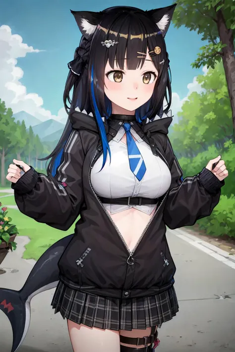 (masterpiece, best quality), 1girl, solo, nature
<lora:nanamiVR_v2:0.7>,vr-nanami, jacket, multicolored hair, necktie, cat ears, shark tail
<lora:add_detail:0.4>